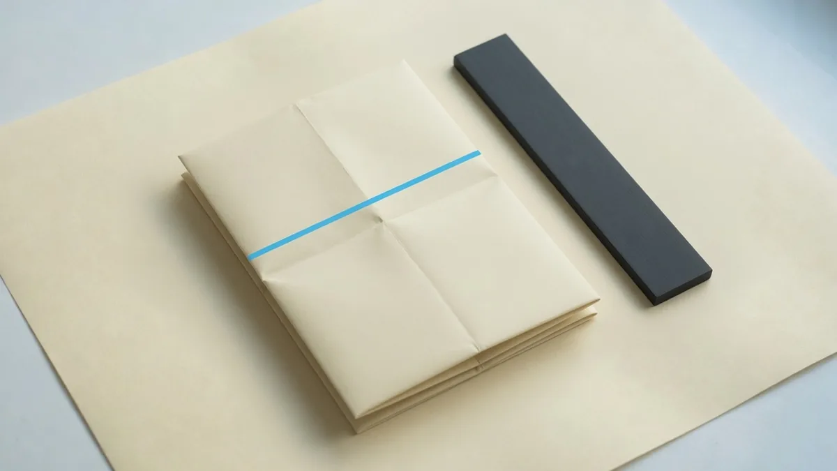 A folded blank map on warm paper, with a charcoal ruler and one blue line.
