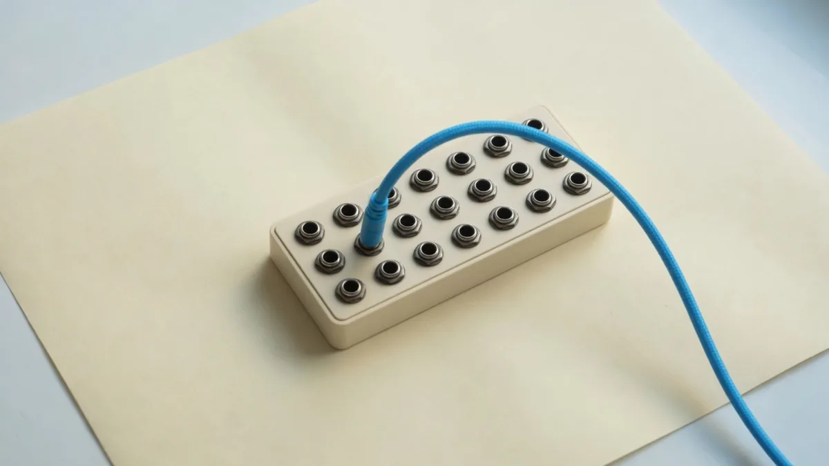 A cream patch bay on warm paper, with one blue cord plugged into a jack.