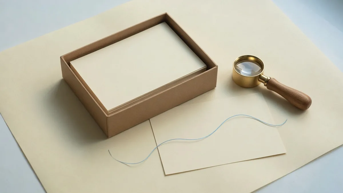 An open box of blank cards, a brass loupe, and a blue thread on one card.