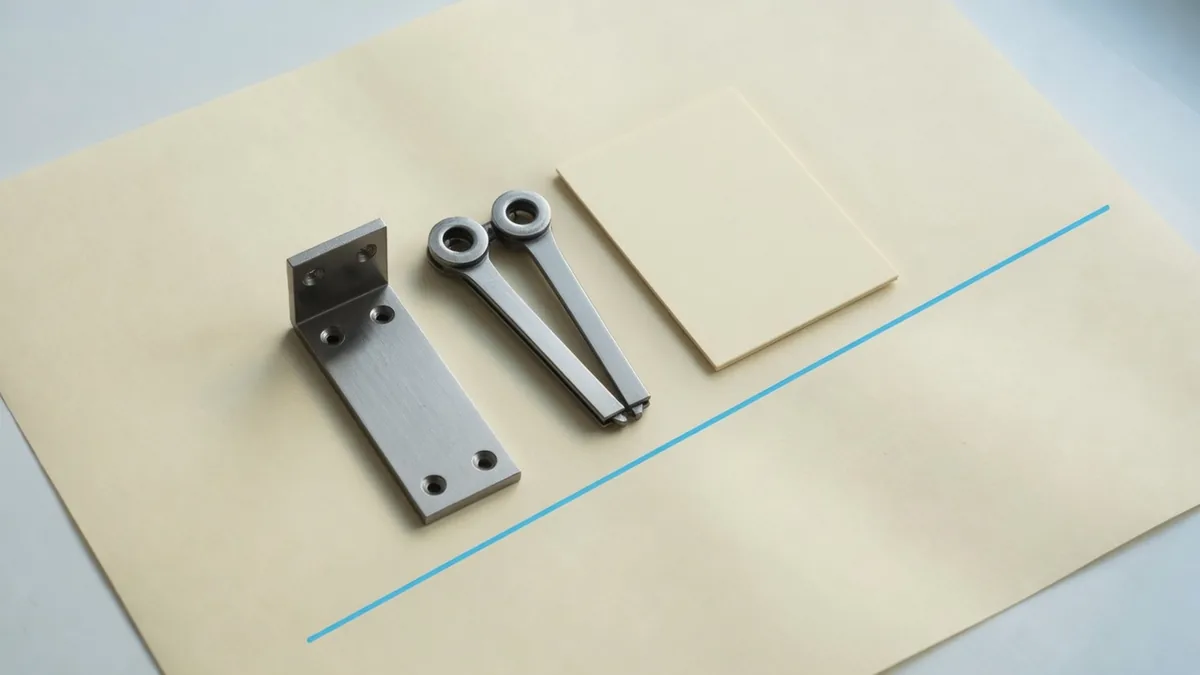 A steel bracket, calipers, and a blank card on warm paper, with one blue line.