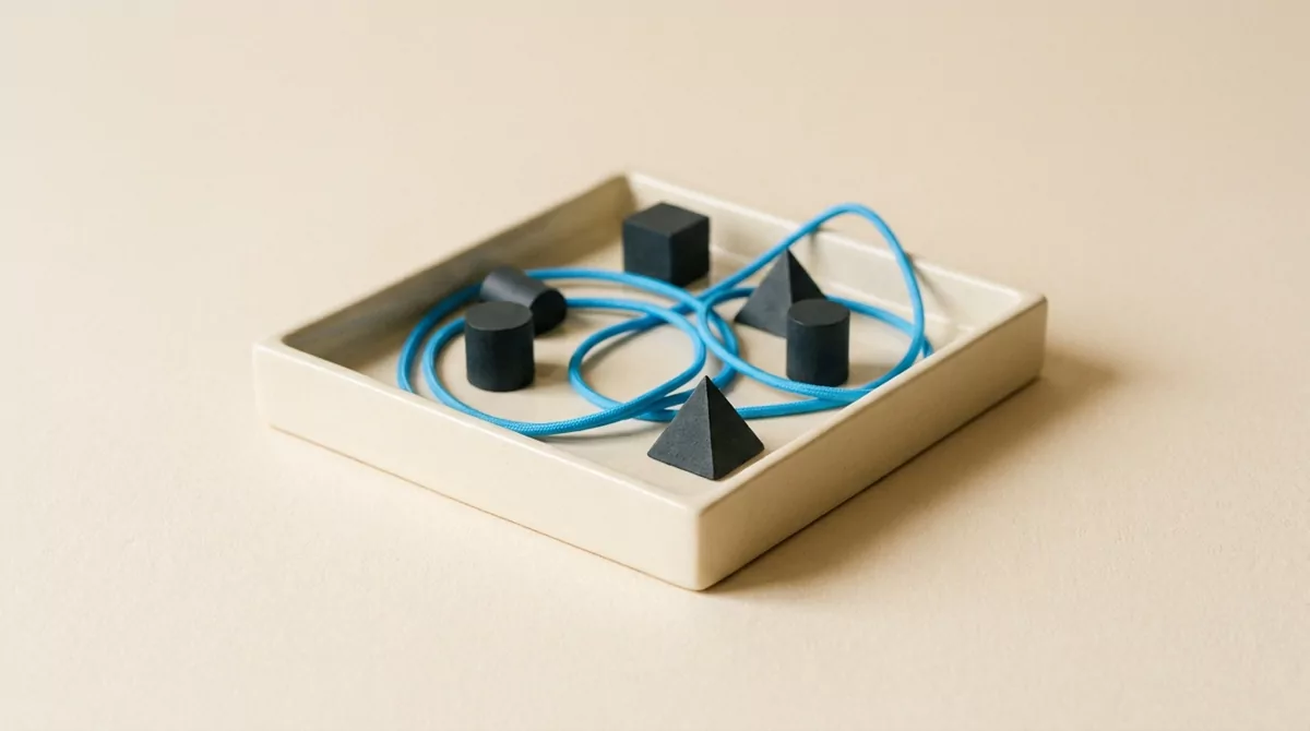 A cream tray holds small charcoal shapes and a blue cord that stays inside its walls.