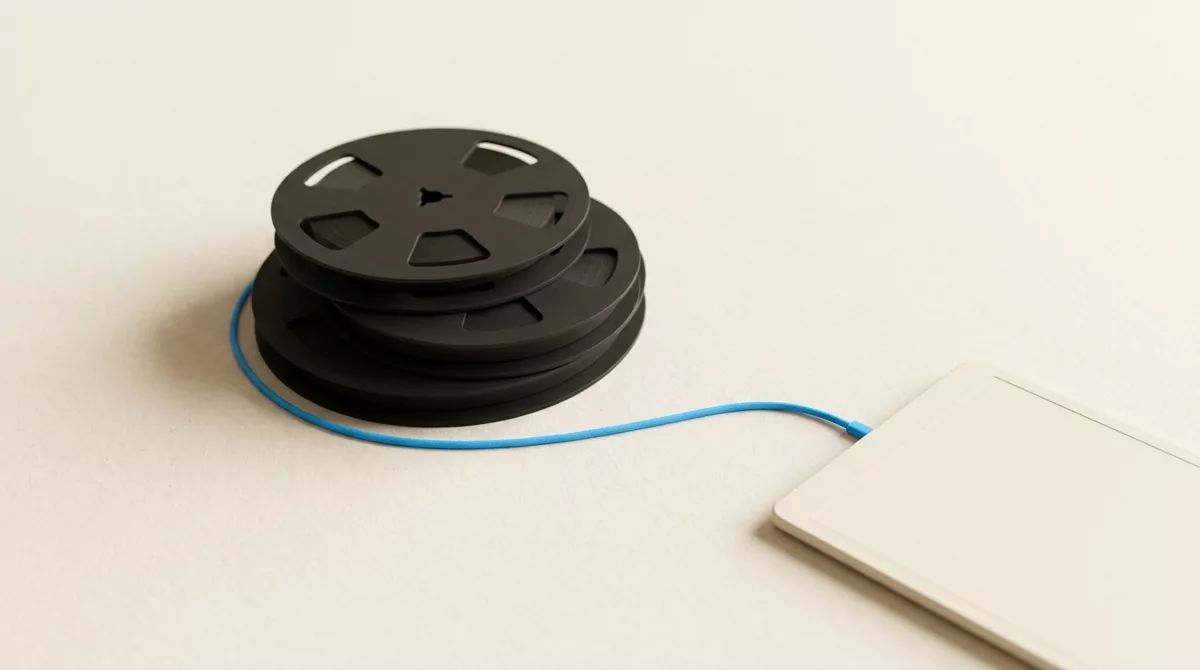 A stack of charcoal film reels on warm paper, joined by a blue cord to a blank cream tablet.